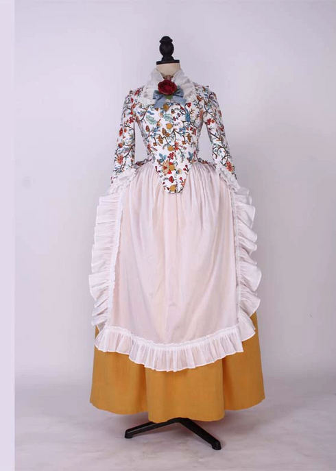 Mustard Yellow Rococo Dress with Floral Jacket and Ruffled Apron - 18th Century Ball Gown - Plus Size